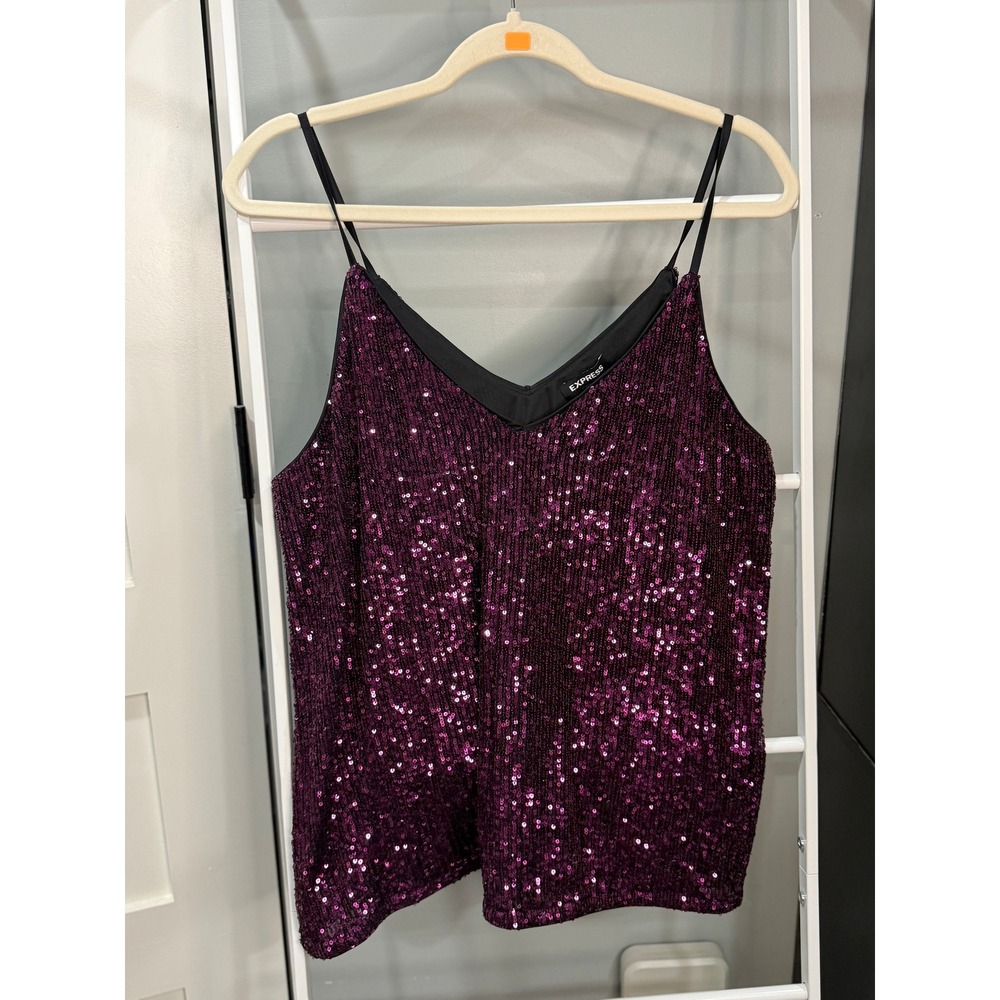 Express Womens Purple Sequin V-Neck Cami Spaghetti Strap Tank Top Large Y2K Glam
